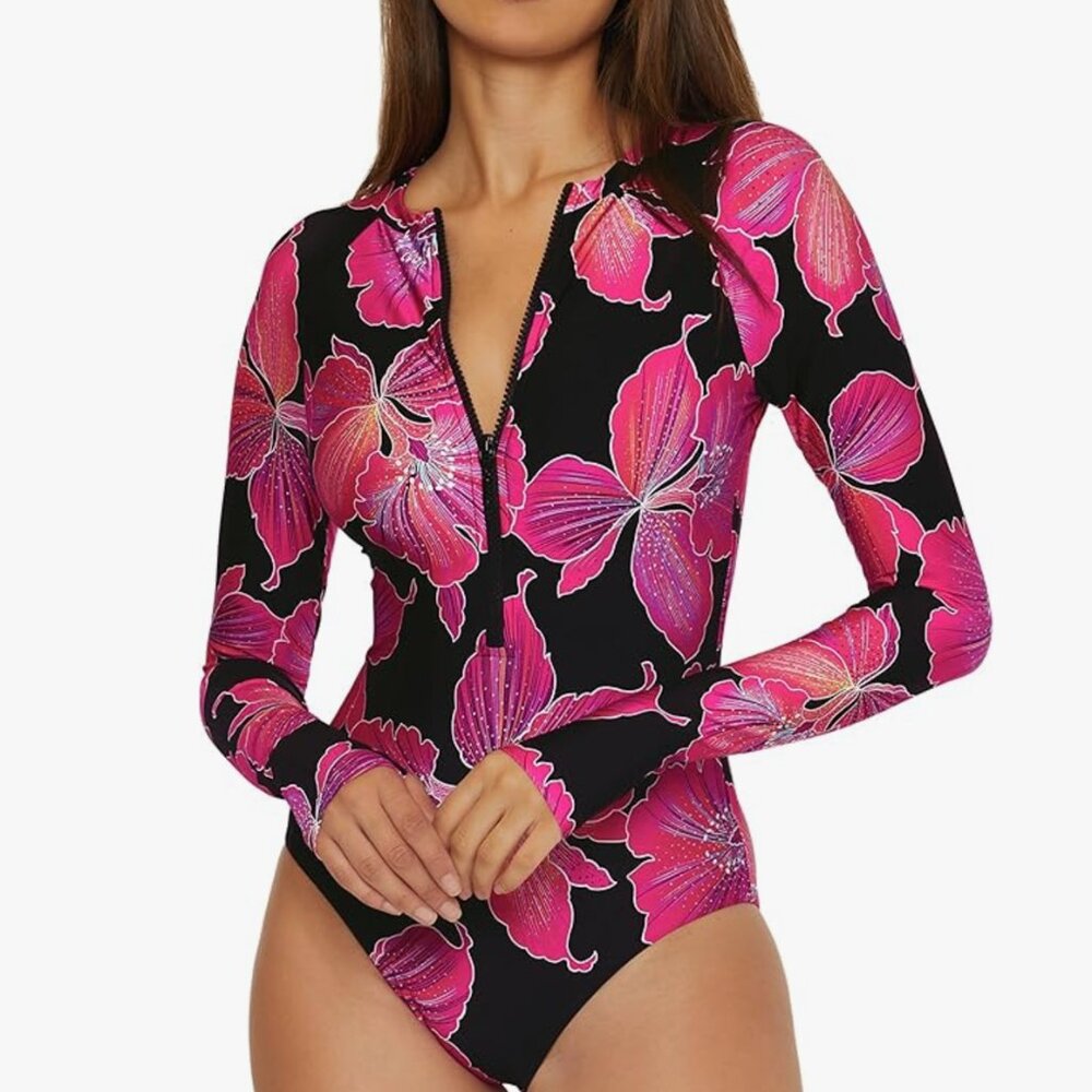 Trina Turk Fleury Floral Rashguard Paddle One Piece Long Sleeve Suit Swimsuit